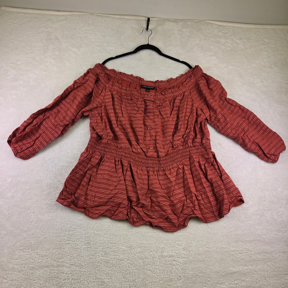 Lane Bryant Womens 22/24 Red Metallic Dobby Stripe Ruffle Neck Button Front Top